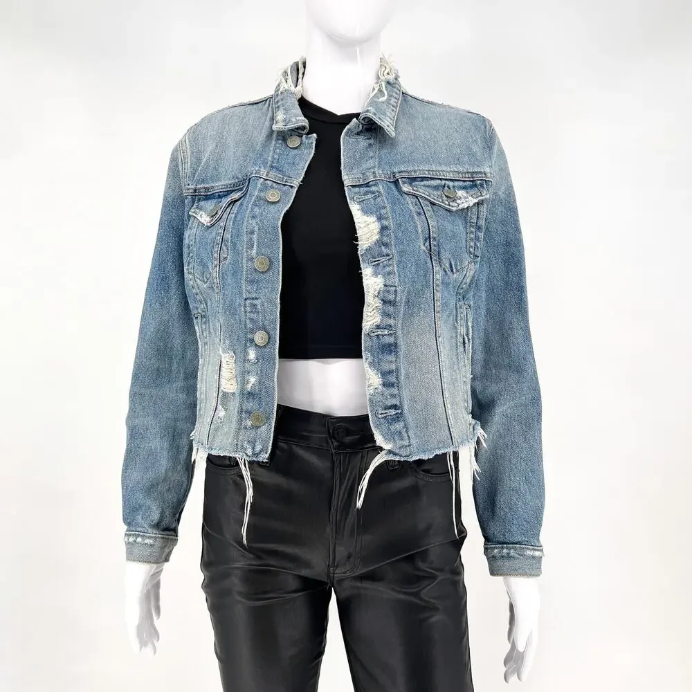 GRLFRND Cara Cropped Denim Jacket Women’s Size Small Mary Jane Distressed